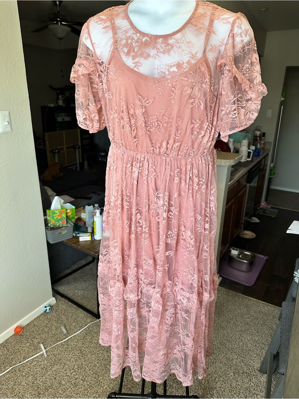 torrid Ash Rose Lace Midi Dress with Puff Sleeves